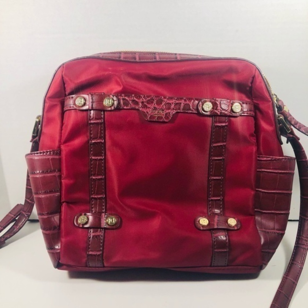 Tutilo New York Shoulder Purse Deep Red Nylon And Croc Embossed Leather